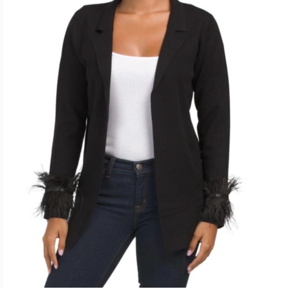 Sioni Medium Solid Black Open Front Cardigan Blazer Feather Trim Sleeves Detail‎
